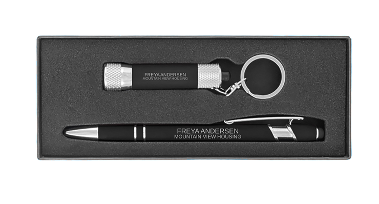 Personalized Executive Alpha Pen & Flashlight Keychain Gift Set - Black Ink