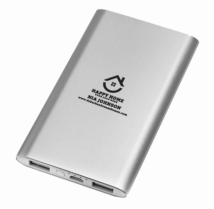 Sleek Aluminum Power Bank with Custom Realtor Branding - 4000mAh Dual-Output Charger